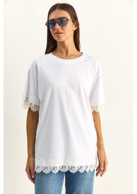Resim Shade Kadın Bisiklet Yaka Dantel Detaylı Oversize T-shirt 2134 60286120 - Beyaz 