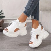 Resim Kadın Yaz Platform Sandaletleri - Beyaz Açık Burunlu Espadril Topuklar, Dikişli Kayışlar, Rahat Kumaş Üst ve Kauçuk Taban, Günlük Dış Giyim İçin, Rahat Yürüyüş|Kayış Tasarımı|Yıkanabilir 