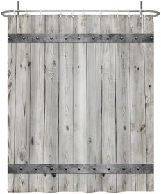 Resim Baocicco Gri Ahşap Ahır Kapısı Duş Perdesi Rustik Çiftlik Evi Retro Kırsal Kapı Mutlu Şükran Günü Paskalya Duş Perdeleri Küvetler için Set Banyo Su Geçirmez Kancalı Kumaş 150 x 182 cm 