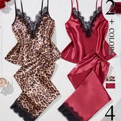 Resim 4 adet iki renkli kombinasyon dantel dikişli pijama takımı askılı üstü esnek pantolonlar kadınların rahat ve günlük pijamaları ev giyim 