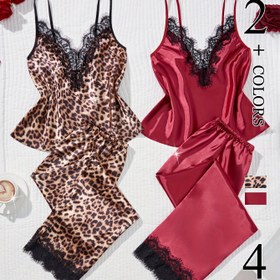 Resim 4 adet iki renkli kombinasyon dantel dikişli pijama takımı askılı üstü esnek pantolonlar kadınların rahat ve günlük pijamaları ev giyim 