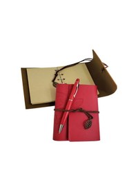 Resim Ahşap Kutulu Kırmızı Deri Defter Ve Metal Kalem Set 