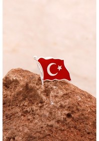 Resim Sümer Telkari Türk Bayrağı Mineli Gümüş Rozet 34 Gümüş 