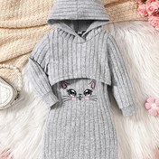 Resim Kızlar ve bebekler için sevimli ve trend iki parçalı takım, kapüşonlu uzun kollu üst ve ribana çizgili, kedi nakışlı elbise ile, dış mekan etkinlikleri ve günlük giyim için mükemmel, özel günlerde kızlar için harika bir hediye seçeneği. 