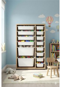 Resim 14 Çekmeceli Çok Amaçlı Oyuncak Dolabı ve Saklama Ünitesi Çocuk Odası Düzenleyici Etiket Hediyeli Safir Meşe 