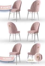 Resim Canisa Ritim Serisi, 1.sınıf Babyface Kumaş, 6 Adet Pembe Sandalye, Beyaz Gürgen Ayak, Gold Halka 