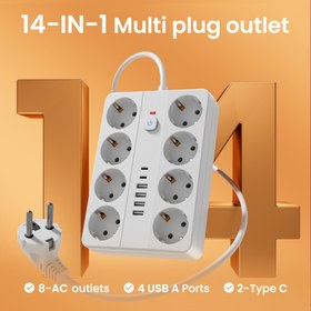 Resim 1 adet 14'ü 1 arada Şarj Koruyucu Güç Şeridi, 8 AC Çıkışı, 4 USB-A ve 2 USB-C Portu, Aşırı Yük Koruması, Açık/Kapalı Anahtarı, Ev, Ofis, Seyahat için Kompakt Masaüstü Şarj İstasyonu - Beyaz ve Siyah, Seyahat Güç Adaptörü, Çok Yönlü Şarj İstasyonu, Modern Tasarım, Dayanıklı Yapı 