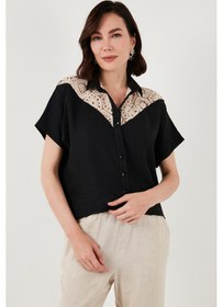 Resim Lela Dantelli Relaxed Fit Kısa Kollu Bayan Gömlek 5865764 Siyah 