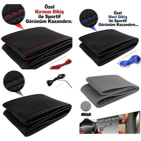 Resim Nkt Deri Dikme Direksiyon Kılıfı Dikmeli Mavi Dikişli Kokusuz 