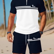 Resim Erkekler için Rahat Yazlık Dış Mekan Takımı - "Kral" Logosu, 3D Baskılı Polo T-Shirt ve Bağcıklı Bol Şort, Siyah ve Beyaz, Plaj ve Hafta Sonu Giyim için Rahat, Plaj Kıyafeti|Rahat Stil|Esnek Kumaş 
