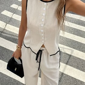 Resim Kadınlar İçin Şık Kolsuz Yelek - Ön Düğmeli ve Beli İpli Bej Yuvarlak Yaka Makinede Yıkanabilir Üst, İlkbahar/Yaz Günlük & Resmi Kıyafetler 