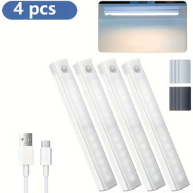 Resim 4 adet USB Şarj Edilebilir LED Akıllı Hareket Sensörlü Işıklar, Manyetik Montaj Dolap Işıkları, Push Button Anahtarı ile 10Cm/20Cm/30Cm Sıcak/Beyaz USB Şarj Edilebilir 36V Düşük Voltaj, İndüksiyon Dolap Işıkları, Dolap Altı Aydınlatma, Manyetik USB Şarj Edilebilir Mutfak Gece Işıkları, Dolaplar, Merdivenler, Koridorlar, Mutfaklar, Dolaplar, Duvar Işıkları, Düz Renk Işıkları, Ev Gece Işıkları - LED Işık Kaynağı Dahil 