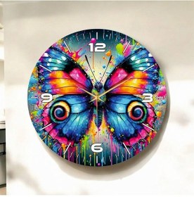 Resim Kelebek Hayvan Renkli Baskı Desenli Sayılı Hediyelik Ahşap Sessiz Duvar Saati 50cm ÇOk Renkli 