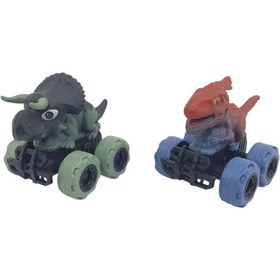 Resim Sürtmeli Dinazor Arabalar 2'li - 12 Cm - Triceratops & Parasaurolophus Çok Renkli 