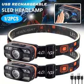 Resim 1/2 Adet Hareket Sensörlü Yüksek Parlaklıkta Taşınabilir Baş Feneri, USB Şarj Edilebilir, 6 Işık Modu, Seyahat ve Kamp İçin Hafif Balıkçılık Baş Feneri 