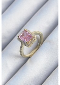 Resim Pirinç Pembe Zirkon Taşlı Kadın Yüzük Gold Renk Çok Renkli 