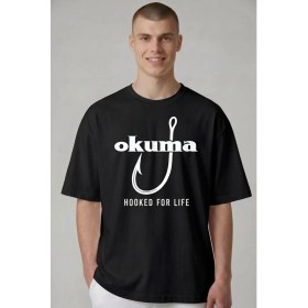 Resim Etifa Tekstil Etifa Oversize Balıkçı Tişörtü Okuma Hooked For Life %100 Pamuk Premium Siyah Unisex 