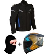 Resim LS2 ProheI COLOMBIA MONT SİYAH-MAVİ+RAPID 2 RACE EXTRA MAT GRİ-NEON TURUNCU KASK+VEXO BALAKLAVA 