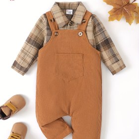 Resim Set of 2parça for Baby Boys İçerikli Uzun Kollu Plaid Gömlek Düğmeler ve Düz Yırtmaçlı Cep Detaylı, Dış Mekan İçin 
