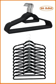 Resim Kadife Askı, Pantolon Askısı, Elbise Askısı, Yüksek Kalite Kadife Kıyafet Askısı, 41 Cm, 20 Adet Siyah 