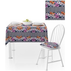 Resim Zambak Desenli Zigzag Siyah Beyaz Kadife Dokulu 180x220 Masa Örtüsü 