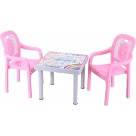 Resim Sağlam Plastik Mandella Rubi İngilizce Desenli Çocuk Masası 2 Adet Rubi Çocuk Koltuk Pembe 