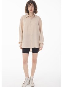 Resim R-3575 Apaş Yaka Uzun Kollu Aerobin Kumaş Oversize Gömlek Bej 