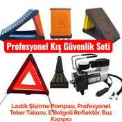 Resim TG STEEL DESİNG Kışlık Araç Güvenlik Seti – Basınç Göstergeli Lastik Pompası + Reflektör + Takoz + Buz Kazıyıcı 