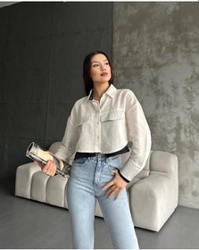 Resim Çift Renkli Kısa Gömlek Krem S4021 Krem 