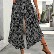 Resim Kadın Yaz Siyah Çiçek Desenli Geniş Paça Ruffle Hem Pantolon - Bol Kesim, Polyester, Rahat ve Şık, Yetişkin Rahat Giyim | Çiçek Desenli Pantolon | Polyester Kumaş 