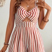 Resim Kadınlar için Şık Çizgili Tek Omuzlu Tulum - Renk Bloklama Tasarımlı Yazlık Plaj Giysisi, Pembe & Beyaz Yatay Çizgiler, Geniş Paça Pantolon ve Flare Etekli, Esnek Olmayan Kumaş Günlükten Resmiye, Rahat Şık Kıyafet 