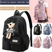 Resim Unisex Günlük Kullanım Sırt Çantası - Ayarlanabilir Askılı, Çok Bölmeli ve Teddy Bear Anahtarlıklı Şık Kore Tarzı Nylon Okul Çantası - Siyah 