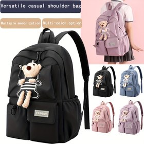 Resim Unisex Günlük Kullanım Sırt Çantası - Ayarlanabilir Askılı, Çok Bölmeli ve Teddy Bear Anahtarlıklı Şık Kore Tarzı Nylon Okul Çantası - Siyah 