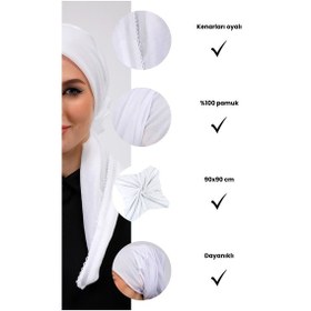 Resim Loggia İç Başörtüsü %100 Pamuklu Beyaz Tülbent - Kenarları Oyalı 90x90 Cm Kadın Tesettür Yazma Başörtü Beyaz 