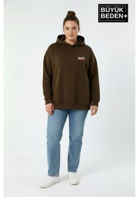 Resim Süperlife Kadın Büyük Beden Brooklyn 1970 Baskılı Kapüşonlu İnce Sweatshirt Spr26bswk964 Kahverengi 