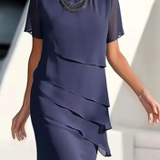 Resim Kadın Elegant Şifon Elbise, Slim Fit Orta Uzun Parti Elbisesi, Katmanlı Yuvarlak Yaka Kısa Kollu Bol Çıkarılmış Burgonya Yeşil İlkbahar Elbisesi, Polyester, Yetişkin Buz Pateni Giysisi 