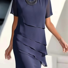 Resim Kadın Elegant Şifon Elbise, Slim Fit Orta Uzun Parti Elbisesi, Katmanlı Yuvarlak Yaka Kısa Kollu Bol Çıkarılmış Burgonya Yeşil İlkbahar Elbisesi, Polyester, Yetişkin Buz Pateni Giysisi 