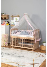 Resim Ahşap Beşik Anne Yanı Beşik Organik 60x120 - Pembe Gri Örgü Uyku Seti Seti + Yatak Ahşap 