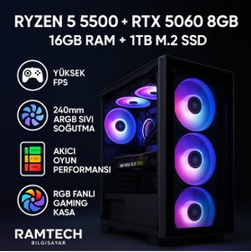 Resim RAMTECH BİLGİSAYAR GEPETTO Ryzen 5 5500 RTX 5060 8GB 16GB RAM 1TB M.2 SSD | Sıvı Soğutmalı Masaüstü Oyuncu Bilgisayarı 