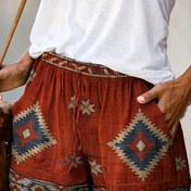 Resim Kadın Vintage Esintili Batı Geometrik Desenli Bağcıklı Şort - Polyester Karışımı, Hafif Esnek, Tüm Mevsim Örgü Kumaş 