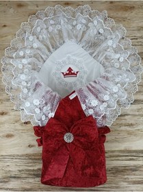 Resim Dantelli Taçlı Bebek Kundağı Unisex Bebek Dış Kundak Battaniyesi Hastane Çıkışı Mevlütlük Kundak Bordo 
