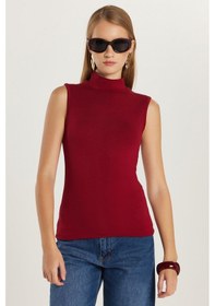 Resim Tudors Kadın Regular Fit Klasik Kesim Viskon Kumaş Balıkçı Yaka Sıfır Kol Bordo Bluz-34816 Bordo 