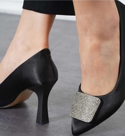 Resim Feles Kare Taş Detaylı Stiletto Kadın Topuklu Ayakkabı Siyah 