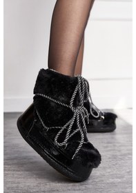 Resim Günlük Kadın Kar Botu Kürklü Bağcıklı Anne Kız Rahat Astarlı Kalın Taban 327 Siyah 