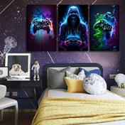 Resim 3'lü Moda Temalı Oyun Tuvali Duvar Sanatı Seti, Çerçevesiz Video Oyun Kontrol Cihazı Posterleri, Canlı Neon Gamepad Baskıları, Malzeme - Erkek Çocuk Odası, Oyun Odası Dekoru ve Bayram Hediyeleri için Mükemmel 