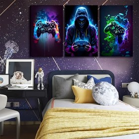 Resim 3'lü Moda Temalı Oyun Tuvali Duvar Sanatı Seti, Çerçevesiz Video Oyun Kontrol Cihazı Posterleri, Canlı Neon Gamepad Baskıları, Malzeme - Erkek Çocuk Odası, Oyun Odası Dekoru ve Bayram Hediyeleri için Mükemmel 