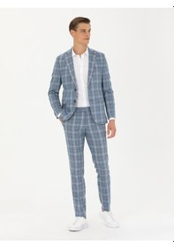 Resim Cacharel Mavi Slim Fit Yün Karışımlı Ekose Takım Elbise 