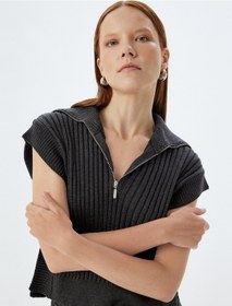 Resim Koton Triko Crop Süveter Yarım Fermuar Detaylı Dik Yaka Antrasit 5wak20014ht Antrasit 