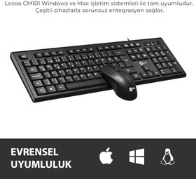 Resim Lecoo CM101 USB Kablolu, QWERTY Türkçe Dizilim Klavye, 1200DPI Optik Kompakt Fare, Win/Mac Uyumlu, Sıvı Dökülmesine Dayanıklı, Sağ ve Sol Elle Kullanıma Uygun, Türkçe Q Klavye & Mouse Set Siyah 