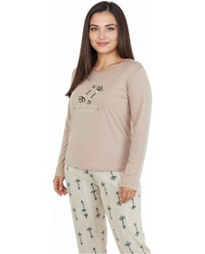 Resim Bravie Üstü Yazılı Altı Çizgili Elite Viscose Uzun Büyük Beden Pijama Takımı Pudra 3597 Gri 